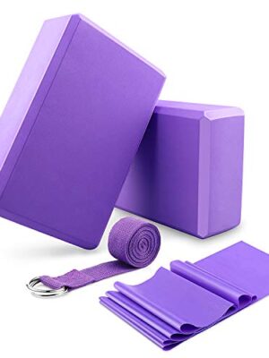 DINAPENTS Yoga Blocks 2 Pack and Yoga Strap Set with Yoga Elastic Resistance Bands, Yoga Blocks Set Stretch Strap for Yoga Beginner, Yoga Starter Kit for Women