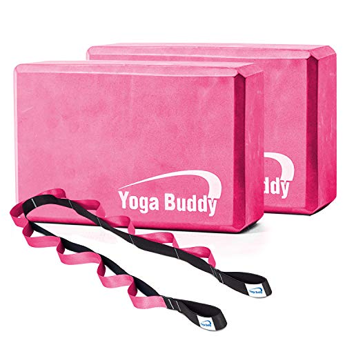 Premium Yoga Block and Stretch Band Set - Non-Slip, Eco-Friendly Yoga Blocks for Flexibility & Alignment (Pink) 1 Roller Buddy Yoga Block Stretch Out Strap Set