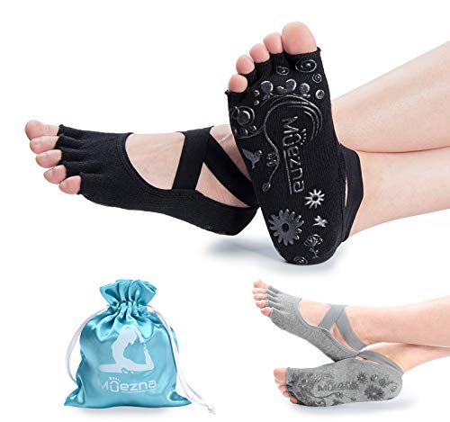 Non-Slip Yoga Socks for Ladies - Toeless Anti-Skid Pilates, Barre, Ballet, Bikram Workout Socks with Grips 1 Muezna Non Slip Yoga Socks for Women