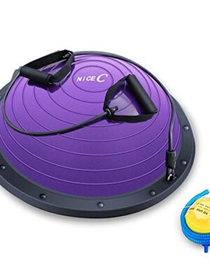 Nice C Balance Ball Balance Coach: The Ultimate Half Ball with Resistant Band for Strength Exercise, Fitness, Yoga, and More - Comes with Foot Pump (Purple).