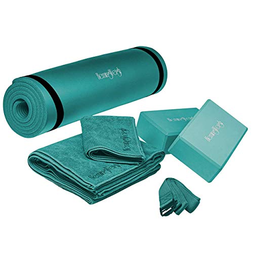 Teal Yoga Mat Set: Strap, Yoga Blocks, Yoga Strap, and 2 Microfiber Yoga Towels