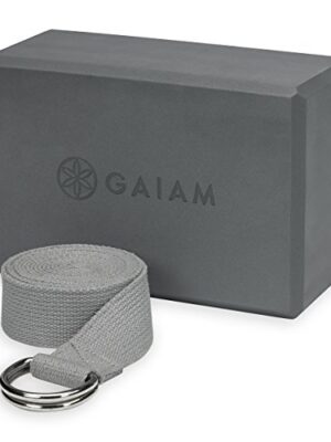 Gaiam Yoga Block + Yoga Strap Set, Grey