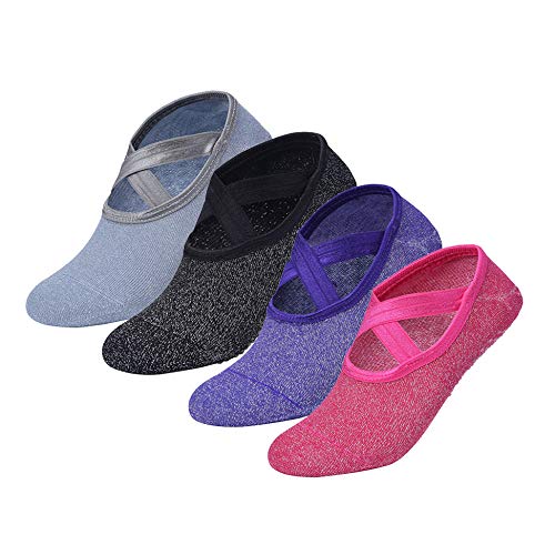 Yoga Practice with Non-Slip Yoga Socks: 4-Pack for Women 1 Non Slip Yoga Socks with Grips 4 Pack Straps Barre Pilates