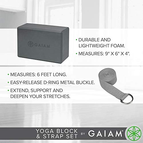Gaiam Yoga Block + Yoga Strap Set, Grey