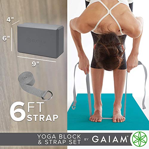 Gaiam Yoga Block + Yoga Strap Set, Grey