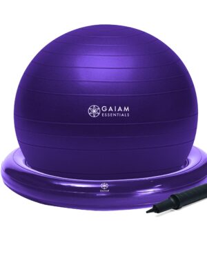 Balance Ball & Base Equipment: The perfect combo for home and office use - A 65cm Yoga Ball Chair with inflatable ring base for stability, includes an air pump - Available in Purple color.