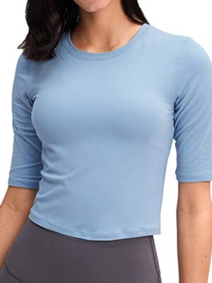 Lemedy Women Crop Tops Sports Workout Short Sleeve