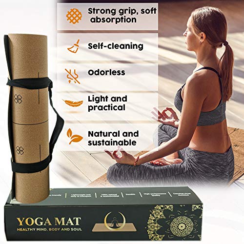 Natural Cork Yoga Mat Nonslip Hot Yoga Pilates with Carrying Strap and Lightweight - for hot Yoga and Outdoor or Indoor Yoga - brown chakra wheel design with alignment marks arc lines 5mm matt set. Natural Cork Yoga Mat Nonslip Hot Yoga Pilates
