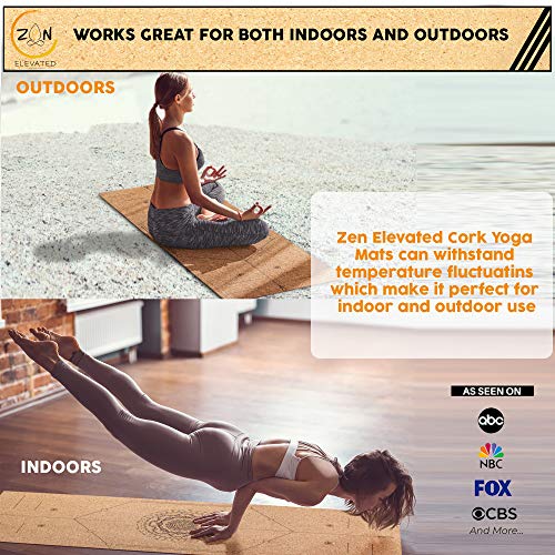 Natural Cork Yoga Mat Nonslip Hot Yoga Pilates with Carrying Strap and Lightweight - for hot Yoga and Outdoor or Indoor Yoga - brown chakra wheel design with alignment marks arc lines 5mm matt set. Natural Cork Yoga Mat Nonslip Hot Yoga Pilates