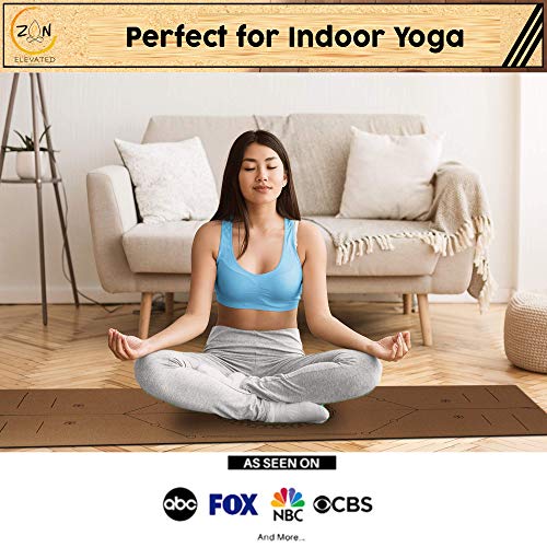 Natural Cork Yoga Mat Nonslip Hot Yoga Pilates with Carrying Strap and Lightweight - for hot Yoga and Outdoor or Indoor Yoga - brown chakra wheel design with alignment marks arc lines 5mm matt set. Natural Cork Yoga Mat Nonslip Hot Yoga Pilates