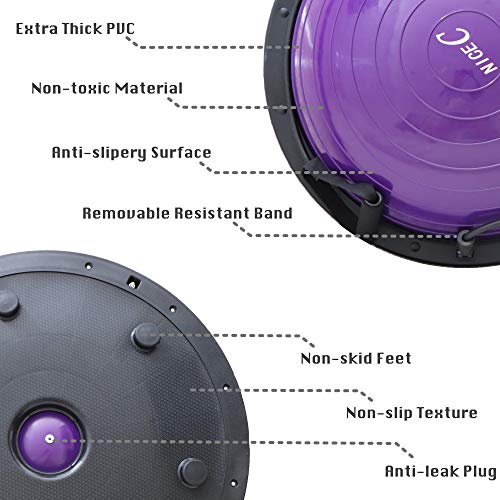 Nice C Balance Ball Balance Trainer, Half Ball with Resistant Band, Strength Exercise Fitness Yoga with Foot Pump (Purple) Yoga Balance Ball Balance Coach Strength Exercise