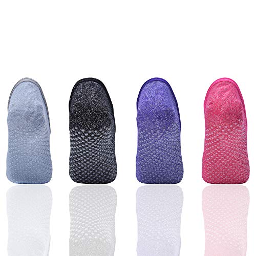Non Slip Yoga Socks with Grips 4 Pack Straps Barre Pilates Ballet Dance Anti-Skid Socks for Women Yoga Practice with Non-Slip Yoga Socks: 4-Pack for Women