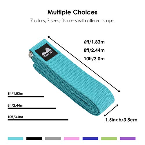 REEHUT Yoga Strap 8ft with Ebook - Durable Polyester Cotton Exercise Straps w/Adjustable D-Ring Buckle for Stretching, General Fitness, Flexibility and Physical Therapy Sky Blue Yoga Strap 8ft with Ebook