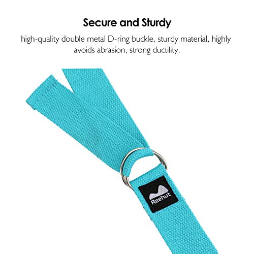 REEHUT Yoga Strap 8ft with Ebook - Durable Polyester Cotton Exercise Straps w/Adjustable D-Ring Buckle for Stretching, General Fitness, Flexibility and Physical Therapy Sky Blue Yoga Strap 8ft with Ebook