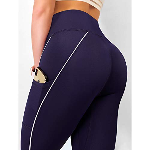 SUUKSESS Women Reflective High Waisted Running Leggings with Pockets Cross Waist Yoga Pants (Navy Blue, L) SUUKSESS Women Reflective High Waisted Running Leggings