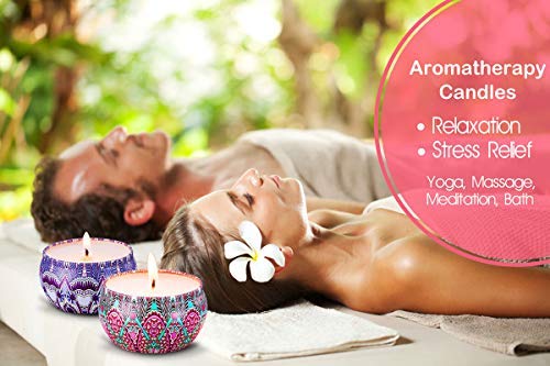 Scented Candles Gift Set Lavender Rose Gardenia and Lilac, Natural Soy Wax with Floral Essential Oil Travel Tin Candles Use for Aromatherapy Stress Relax, Home Decor, Yoga Meditation Reiki, Pack 4 Experience Tranquility with Our Floral Scented Candle Gift Set