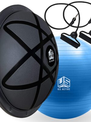 U.S. Active Half Ball Balance Trainer with Yoga Ball Complete Pack - New Generation Design for Core Training - Anti Slip Surface, Includes Resistance Bands.