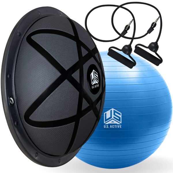 Half Ball Balance Trainer with Yoga Ball 1 U.S. Active Half Ball Balance Trainer with Yoga Ball Complete Pack - New Generation Design for Core Training - Anti Slip Surface, Includes Resistance Bands.