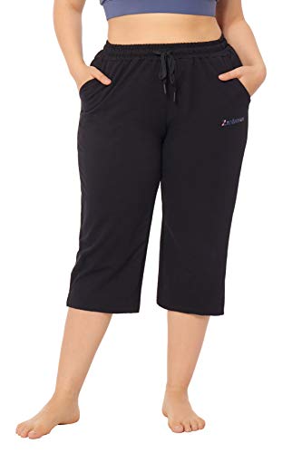 ZERDOCEAN Women's Plus Size Active Yoga Lounge Indoor Jersey Capri Walking Crop Pants Pockets Drawstring Black 2X ZERDOCEAN Women's Plus Size Active Yoga Lounge