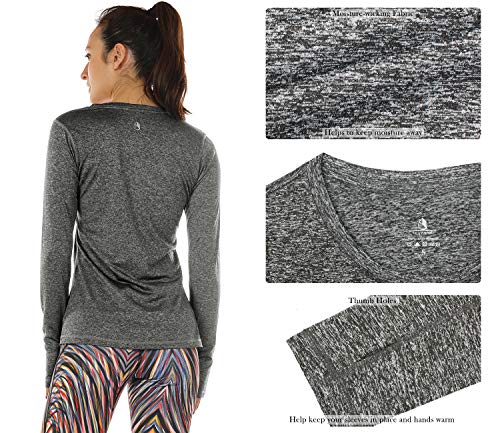 icyzone Women's Workout Yoga Long Sleeve T-Shirts with Thumb Holes (Charcoal, L) Workout Long Sleeve Shirts: Elevate Your Fitness in Charcoal, Ideal for Yoga, Running, and Gym (Size L)