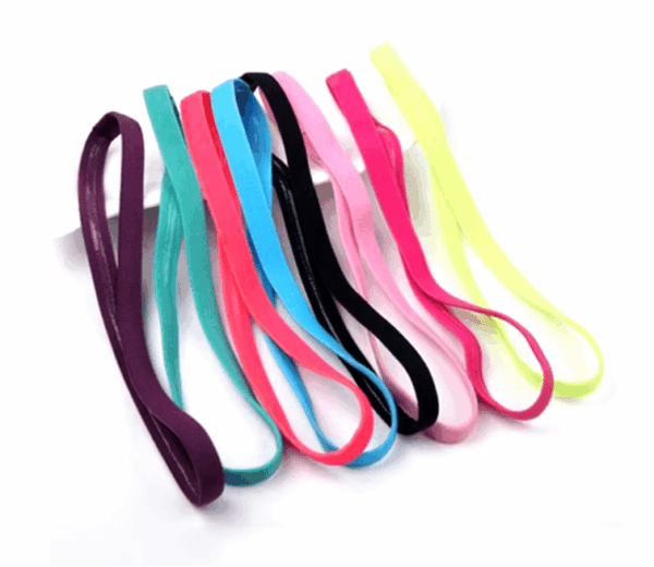 Set of colorful, non-slip elastic headbands perfect for sports and everyday wear, featuring durable polyester and anti-slip rubber.