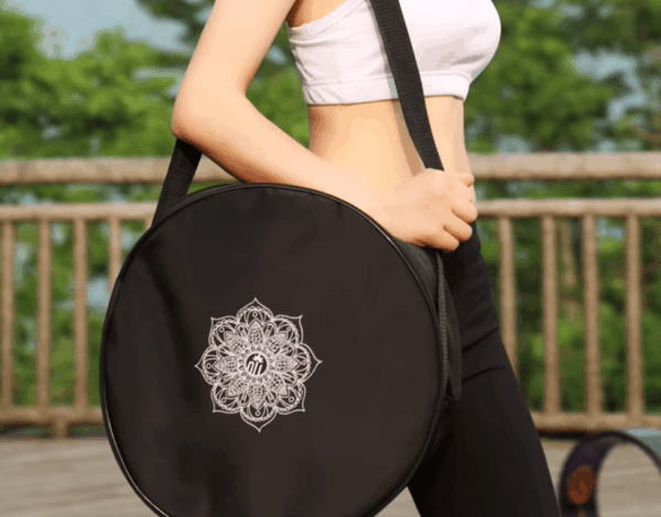 Spacious Black Mandala Yoga Wheel Bag with Adjustable Straps and Double Zipper Design